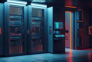 Server room for storage worldwide company database. Technology and big data concept. Digital art illustration. photo