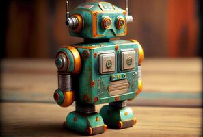 Retro tin robot toy on the minimal background. Playful and fun concept. photo