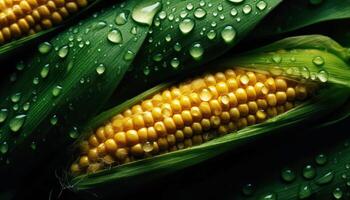 Close up of clean Corn with water drop in dark black background. Fresh fruit and Vegetable concept. Nutrition and vitamin theme. photo