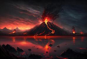 The volcano erupted with hot lava and black smoke covering the sky. Nature and disaster concept. photo