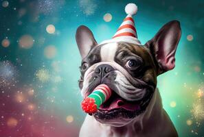 Portrait of cute happy French Bulldog with rolled party blower in the celebration party and bokeh light confetti in the bright background. photo