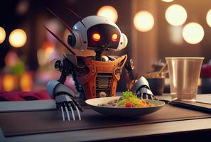 Gourmet humanoid robot as customer eating food in the restaurant. Business technology and innovation concept. photo