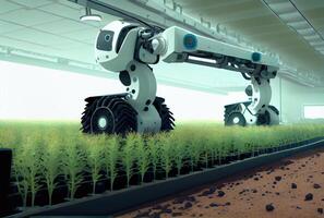 Robot farming harvesting agricultural products in greenhouse. Innovative futuristics technology and 5G smart farming concept. photo