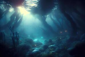 Deep sea and aquatic life with sunshine background. Marine life and undersea concept. Generative AI photo