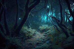 Dark spooky enchanted forest with glowing light on the path background. Halloween and Fairytale concept. photo