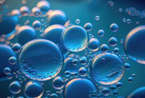 Blue glossy water bubble in underwater background. Nature and abstract concept. photo