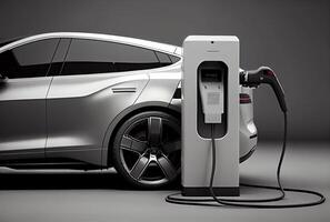 EV car with Electric charging station charger background. Technology and transportation concept. photo