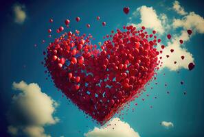 muchos rojo globo en corazón forma partículas volador en el aire con azul cielo antecedentes. san valentin día concepto. generativo ai foto