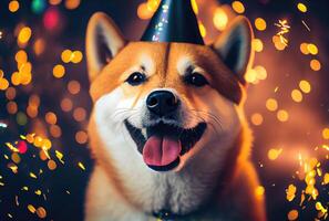 contento shiba inu perro en fiesta con bokeh ligero antecedentes. animal y mascota concepto. generativo ai foto