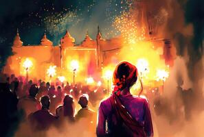 Indian crowd people in the Diwali the festival of lights in the night with candle lights fireworks and mosque background. photo