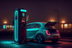 EV car with Electric charging station charger and blue glowing light stripe. Technology and transportation concept. photo