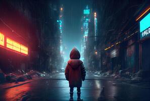 espalda ver de perdido niño estaba en pie en el medio de un calle con capucha disfraz en el cyberpunk oscuro ciudad antecedentes. personas y estilos de vida concepto. digital Arte ilustración. generativo ai foto