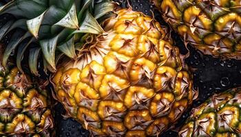 Close up of clean Pineapples with water drop in dark black background. Fresh fruit and Vegetable concept. Nutrition and vitamin theme. photo