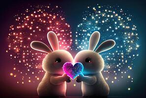 Rabbit couple with heart shape light background. Valentines day concept. photo