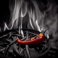 Red chili with burning fire flame in hot pan on black background. photo