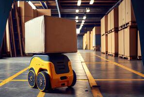 Robot AGV transporting cardboard box in warehouse background. Technology innovation and delivery concept. photo