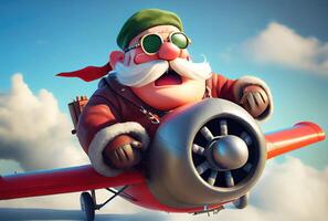 Santa Claus flying on a propeller plane above the blue sky and cloudy background. Merry Christmas and Happy new year concept. Digital art illustration. photo