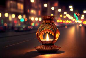 Diya lamp with bokeh light at the downtown street in Diwali festival. photo