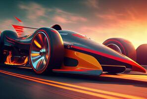 Grand prix racing car in the fast track background. Hobbies leisure and Sport tournament concept. photo