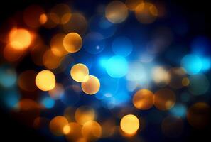 Many defocused light bokeh background in blue and yellow color. photo