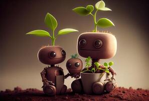 Eco friendly robot family on the ground. Technology and Environment conservation concept. photo