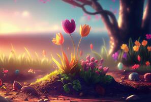 Colorful flowers are blooming from the ground with sky illustration fantasy background. First day of spring and Beauty in nature concept art. photo
