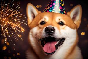 Happy Shiba inu dog in party with bokeh light background. Animal and pet concept. photo