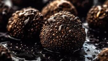 Close up of clean Black Truffle with water drop in dark black background. Fresh fruit and Vegetable concept. Nutrition and vitamin theme. photo