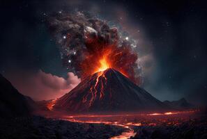 The volcano erupted with hot lava and black smoke covering the sky. Nature and disaster concept. photo