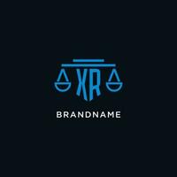 XR monogram initial logo with scales of justice icon design inspiration vector