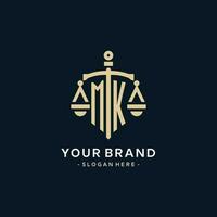 MK initial logo with scale of justice and shield icon vector