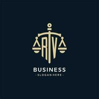 RV initial logo with scale of justice and shield icon vector