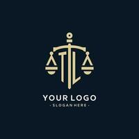TL initial logo with scale of justice and shield icon vector