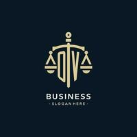 OV initial logo with scale of justice and shield icon vector