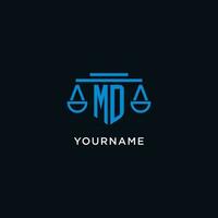 MD monogram initial logo with scales of justice icon design inspiration vector