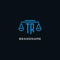 TR monogram initial logo with scales of justice icon design inspiration vector