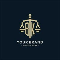 BK initial logo with scale of justice and shield icon vector