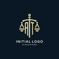 AT initial logo with scale of justice and shield icon vector