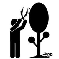 illustration of a gardener pruning a plant, stick figure. vector