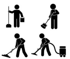 Cleaner Man with Cleaning Tools and Equipments Stick Figure Pictogram . cleaning illustration vector