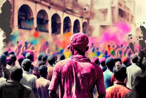 Holi festival the festival of colors with crowd people and colorful powder in the Indian town. photo
