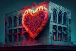 The red heart neon lighting symbol is in front of a building on the main road in the city background. Sign and symbol concept. Digital art illustration. photo