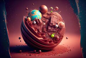 Chocolate in earth world shape on the floor background. Food and sweet dessert concept. Digital art illustration. photo