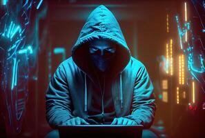 Hacker in the black hood in the server room. Unrecognizable people. Technology and Cybersecurity and Criminal concept. photo