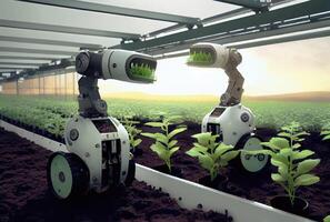 Robot farming harvesting agricultural products in greenhouse. Innovative futuristics technology and 5G smart farming concept. photo