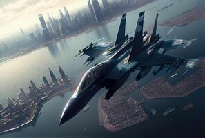 Fighter planes fly over the big city. Defensive military and world war concept. photo