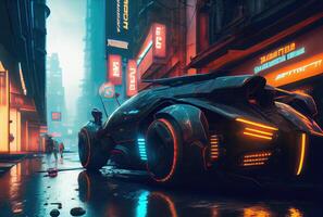 Futuristics car model in orange blue and pink color cyberpunk in dark city downtown background. Transportation and Innovative technology concept. Digital art fantasy illustration. photo