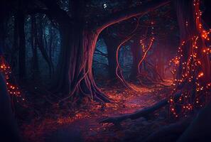 Dark spooky enchanted forest with glowing fairy light and fireflies. photo