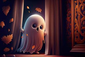 Cute spooky fabric ghost in Halloween party background. Funny character art concept. photo