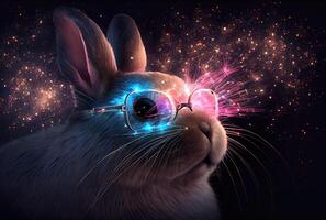 Rabbit in glasses looking at colorful fireworks to celebrate the Year of the Rabbit. Animal and holiday concept. photo